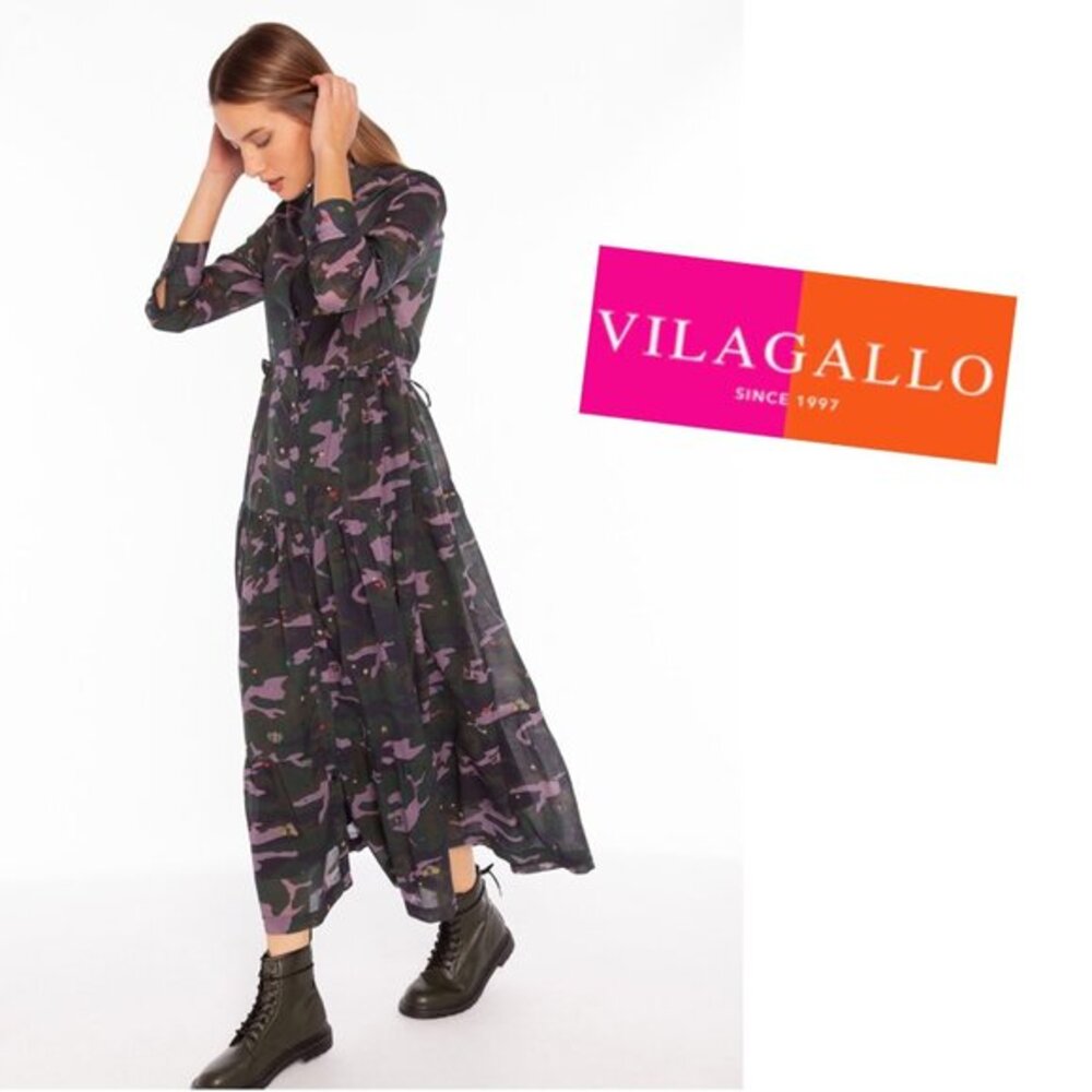 Vilagallo Camo 38 Midi Dress Camouflage Long Sleeve Button Down Green 6 Medium